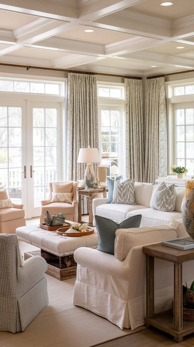 Coastal traditional living at its finest. This Charleston-style sitting room, bathed in natural light streaming through patio doors, offers a cozy Florida escape.  The dual sofas create a welcoming space perfect for relaxation, embodying the effortless elegance of a natural look living room.