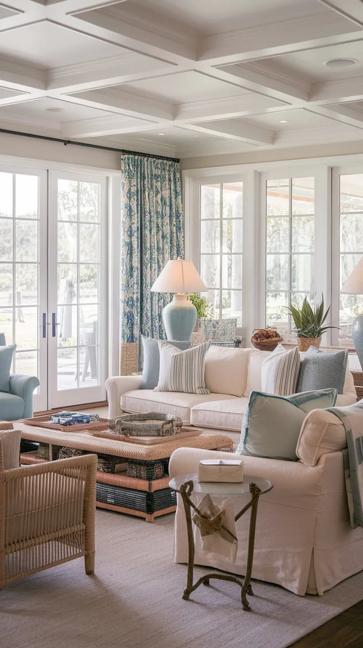 Coastal traditional living at its finest. This Charleston-style sitting room, bathed in natural light streaming through patio doors, offers a cozy Florida escape.  The dual sofas create a welcoming space perfect for relaxation, embodying the effortless elegance of a natural look living room.