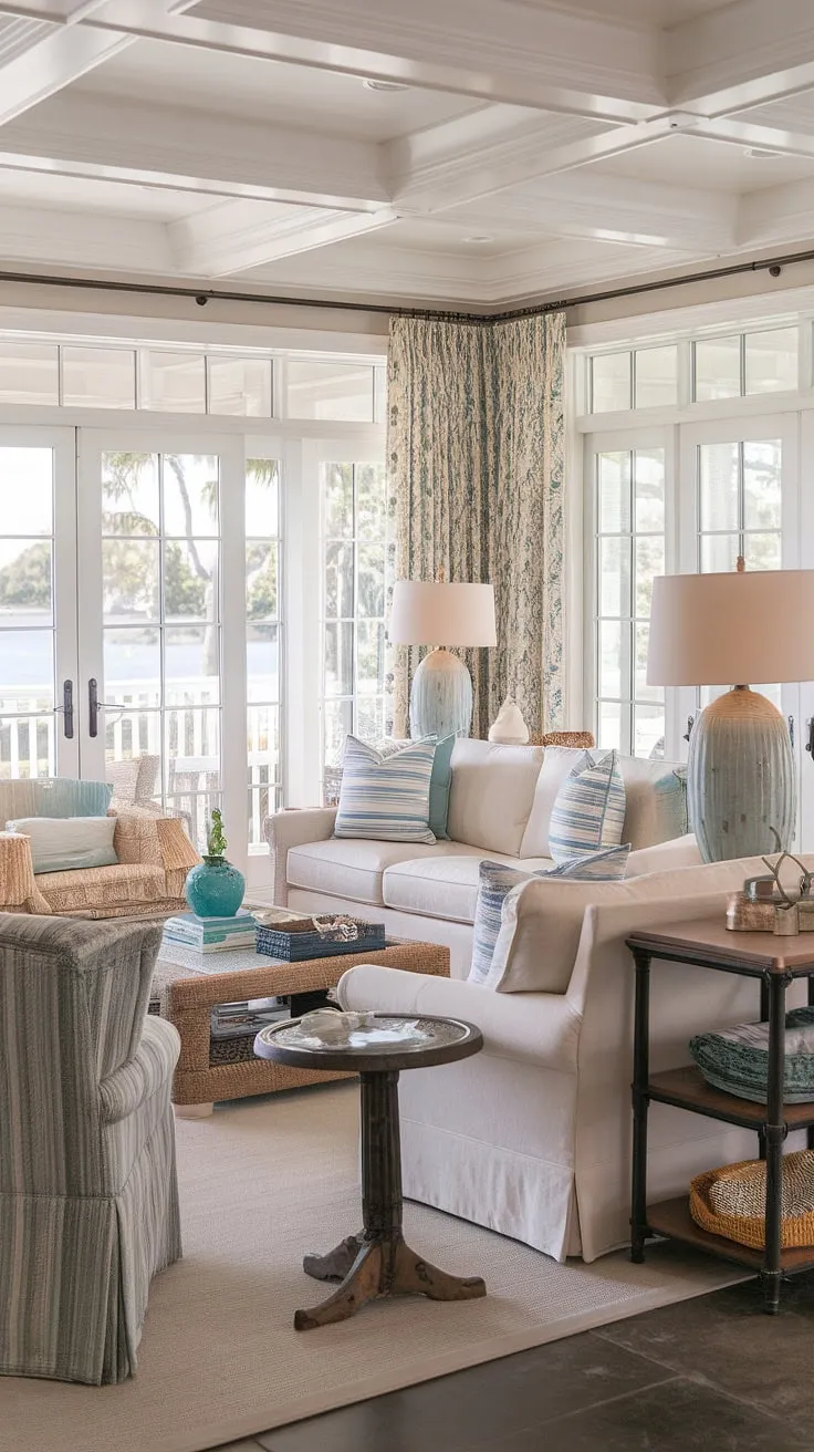 Sunlight streams into this coastal traditional living room, showcasing Charleston style interiors with a cozy Florida feel.  The natural look living room, complete with dual sofas and patio doors opening to the inviting outdoors, perfectly embodies relaxed elegance.