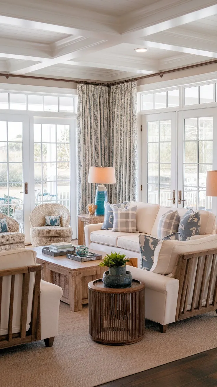 This cozy Florida living room embodies the spirit of Charleston style interiors.  The natural look living room features dual sofas in the living room, creating a comfortable and inviting space, perfectly complemented by the sitting room with patio doors offering breathtaking coastal views.