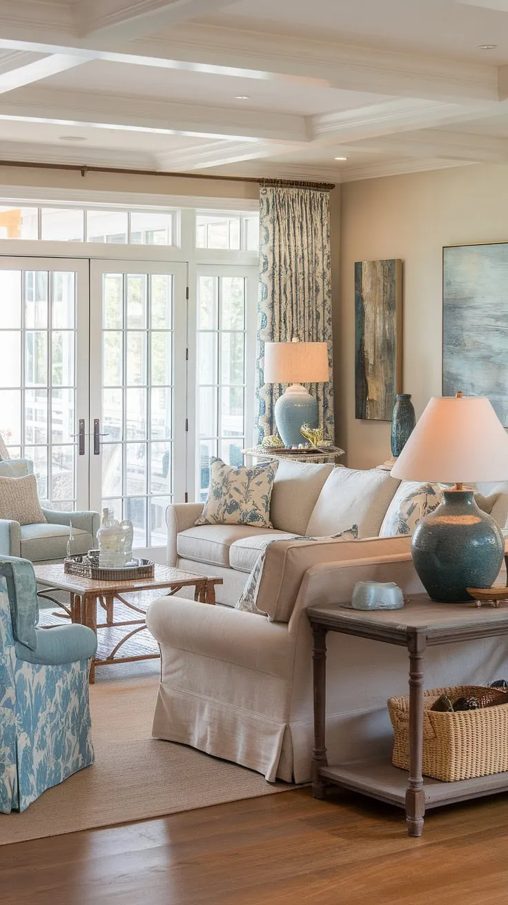 This coastal traditional living room embodies the charm of Charleston style interiors.  The natural look living room, featuring dual sofas in the living room and a sitting room with patio doors leading to outdoor bliss, offers the ultimate in cozy Florida living.