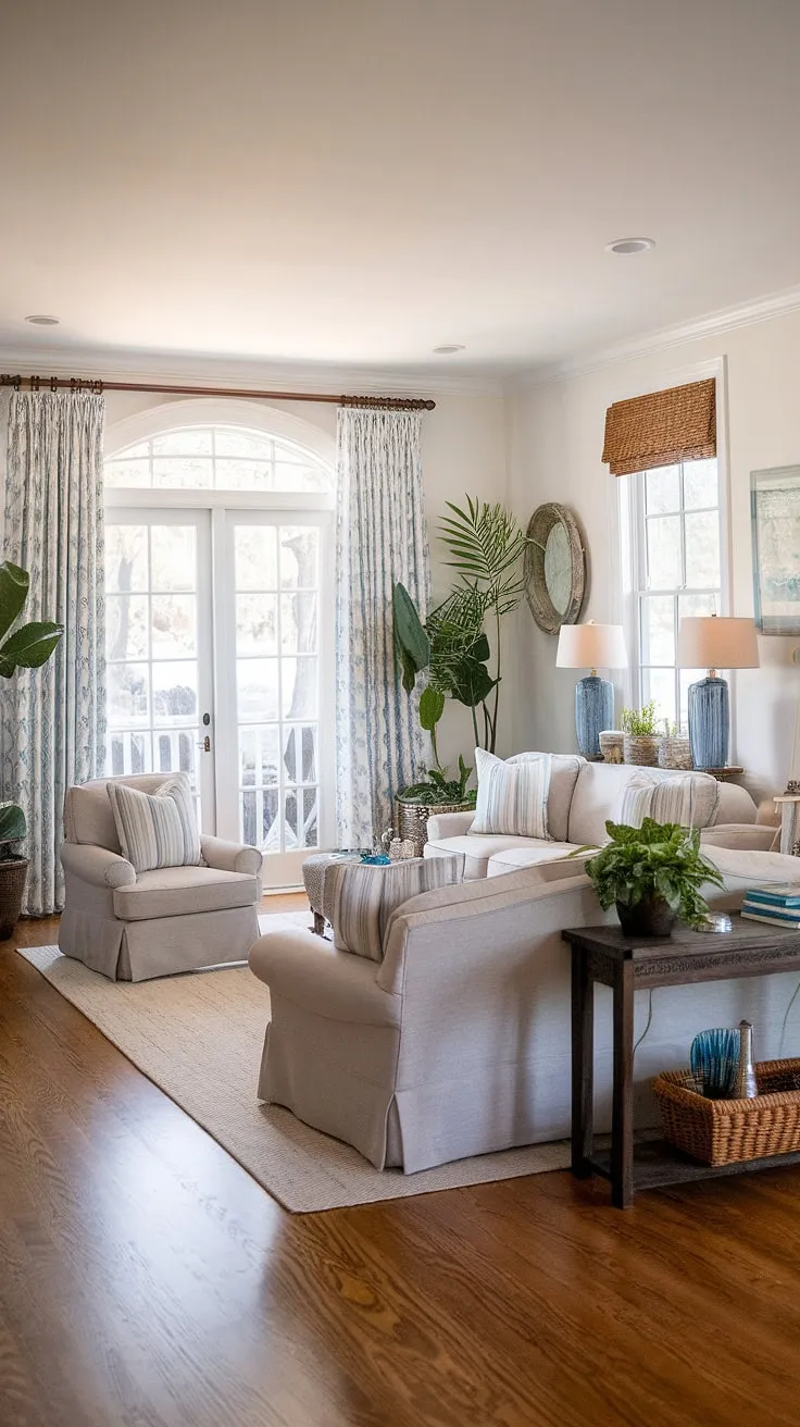 Embrace the effortless charm of this cozy Florida living room, a beautiful blend of Charleston style interiors and coastal traditional design.  Dual sofas create a welcoming space, while patio doors offer a seamless transition to the natural world, completing the natural look living room.