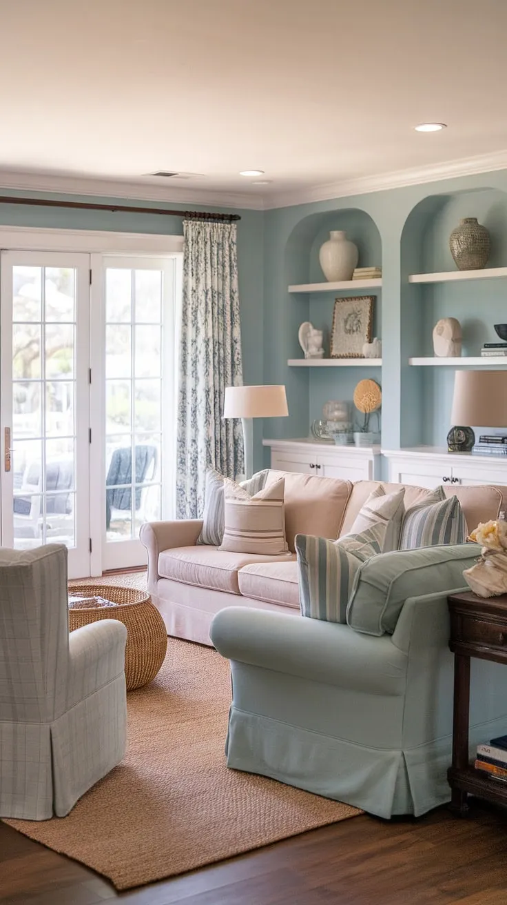Imagine sinking into the dual sofas of this cozy Florida living room, a haven of Charleston style interiors.  The natural look living room, bathed in soft blue light, offers a tranquil escape.  Large patio doors beckon you to enjoy the coastal breeze, completing this idyllic sitting room with patio doors.