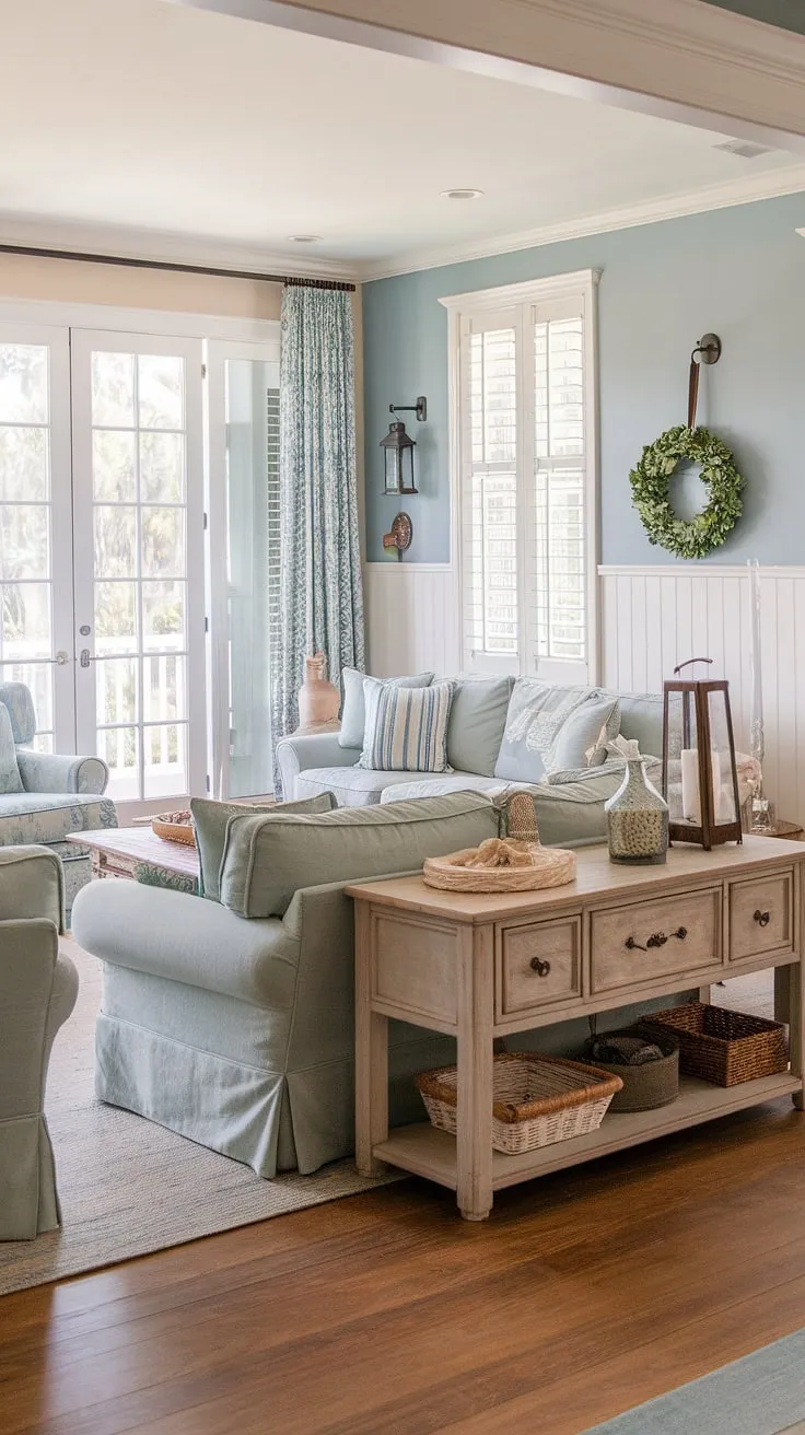 Embrace the effortless charm of this cozy Florida living room, a beautiful blend of Charleston style interiors and coastal traditional design.  Dual sofas create a welcoming space, while patio doors connect the natural look living room to the serene landscape beyond.