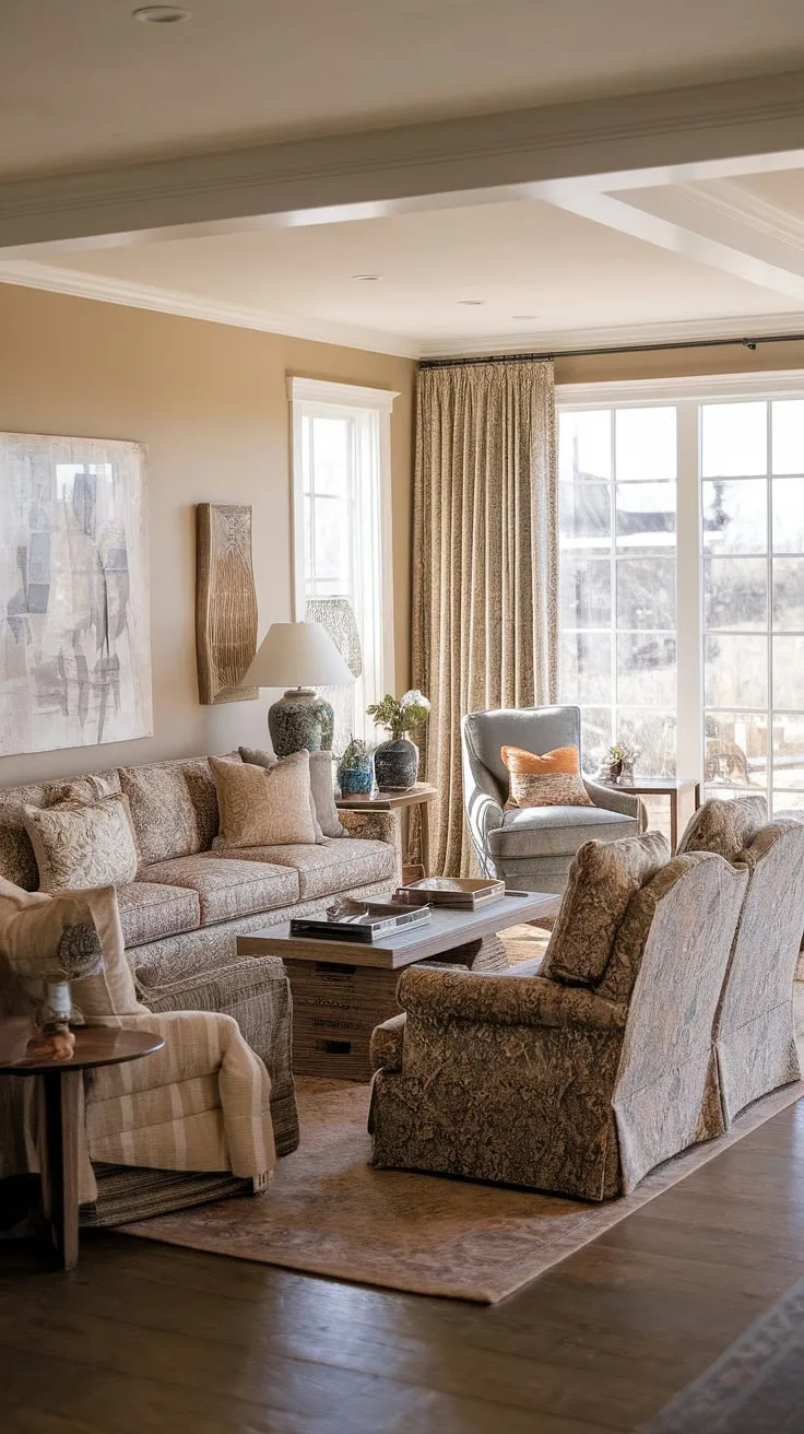 Sunlight streams into this coastal traditional living room, showcasing Charleston style interiors with a cozy Florida feel.  The natural look living room, complete with dual sofas and patio doors opening to the inviting outdoors, perfectly embodies relaxed elegance.