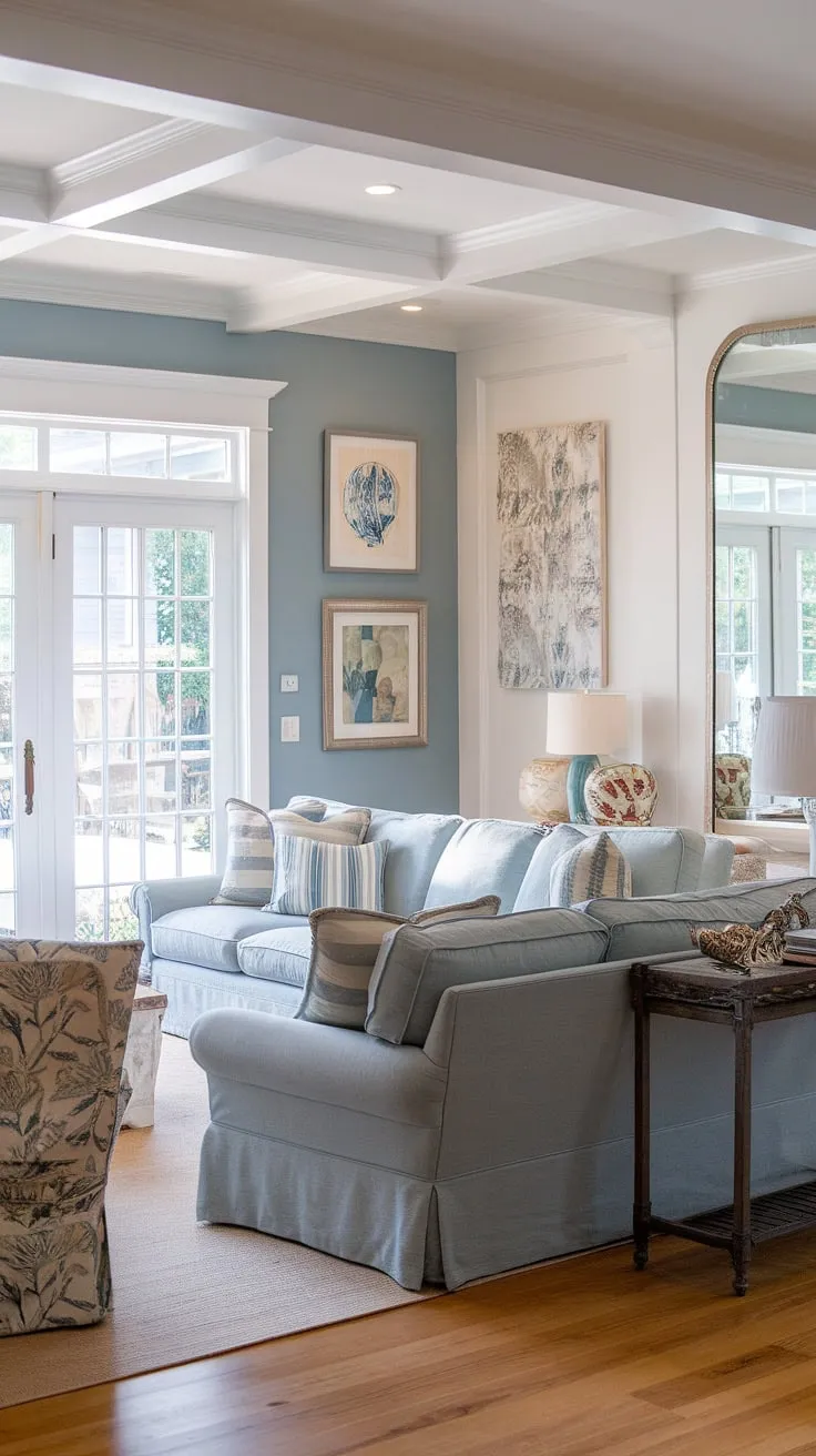 This coastal traditional living room embodies the charm of Charleston style interiors.  The dual sofas in the living room offer ample seating, perfect for enjoying the natural look living room and the stunning views through the sitting room with patio doors.  A perfect blend of comfort and coastal elegance for your cozy Florida living.