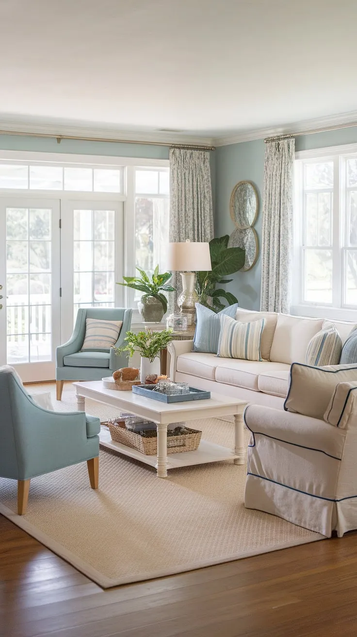 Escape to this cozy Florida living room, a perfect blend of Charleston style interiors and coastal traditional design.  The natural look is effortlessly achieved with dual sofas in the living room, a sitting room with patio doors leading to outdoor bliss, and a serene color scheme.