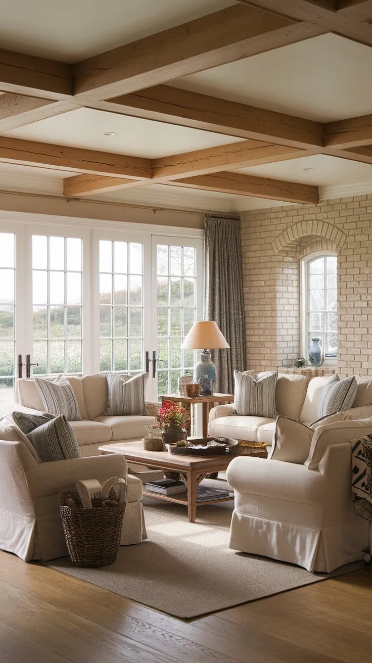 Sunlight streams into this coastal traditional living room, showcasing Charleston style interiors with a cozy Florida feel.  The natural look living room, complete with dual sofas and patio doors opening to the outdoors, offers the perfect blend of relaxed elegance.