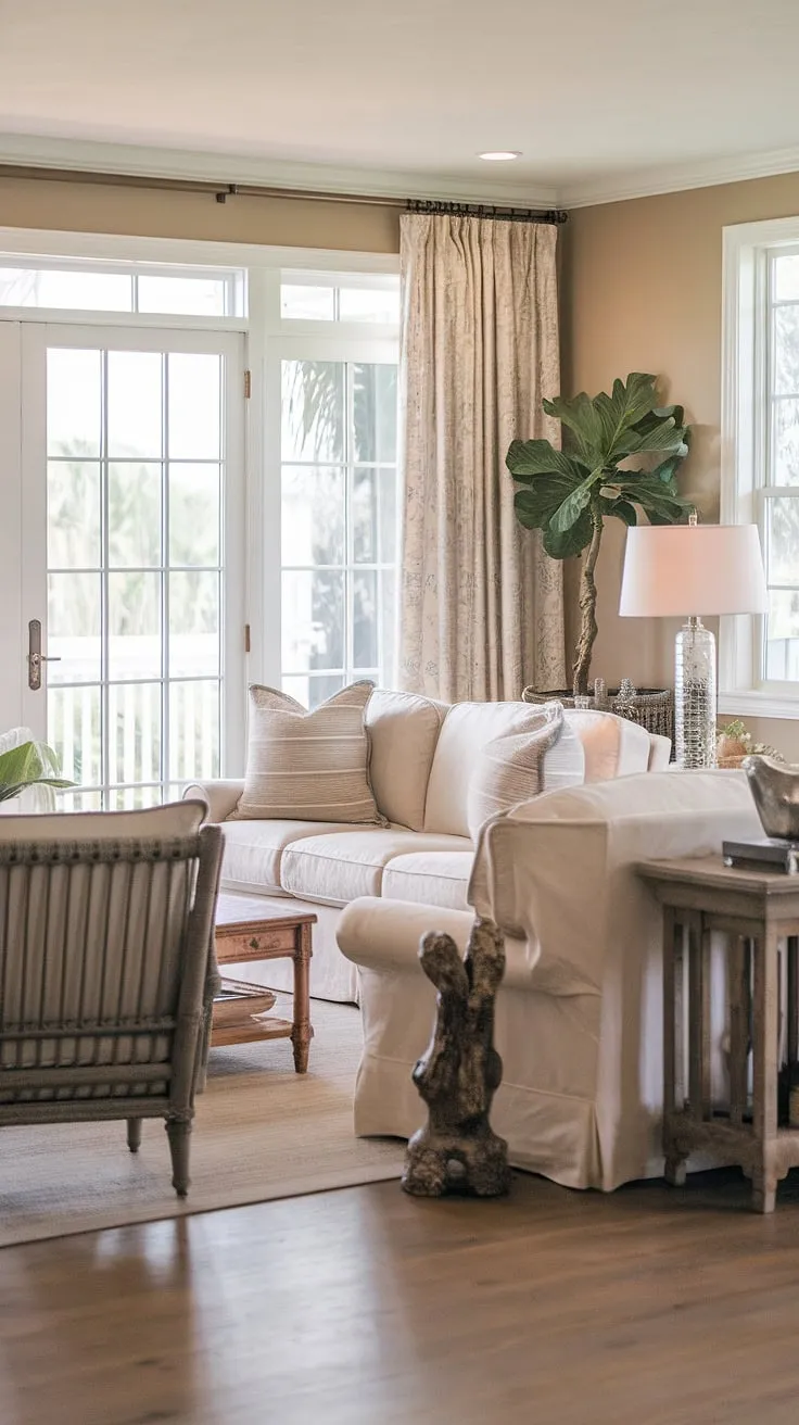 This natural look living room embodies the charm of coastal traditional living, with Charleston style interiors adding a touch of elegance.  The dual sofas create a welcoming space, perfectly complemented by the inviting view through the sitting room's patio doors.