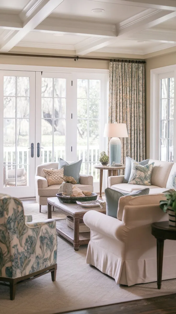 This cozy Florida living room boasts the charm of Charleston style interiors, creating a coastal traditional living room with a truly natural look.  The dual sofas in the living room offer ample seating, perfectly complemented by the inviting sitting room with patio doors that open to breathtaking views.
