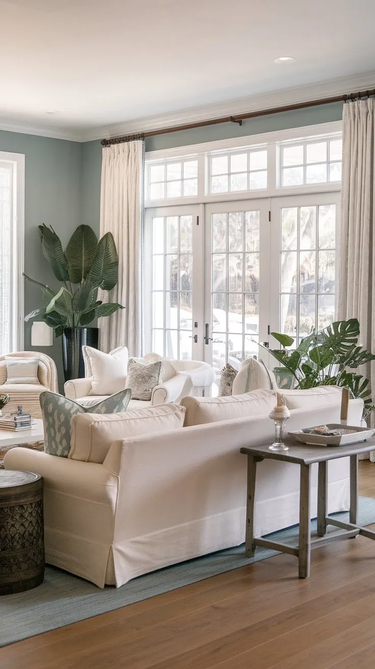 Coastal traditional living at its finest. This Charleston-style sitting room, bathed in natural light streaming through patio doors, offers a cozy Florida escape.  The dual sofas create a welcoming space perfect for relaxation, embodying the effortless elegance of a natural look living room.