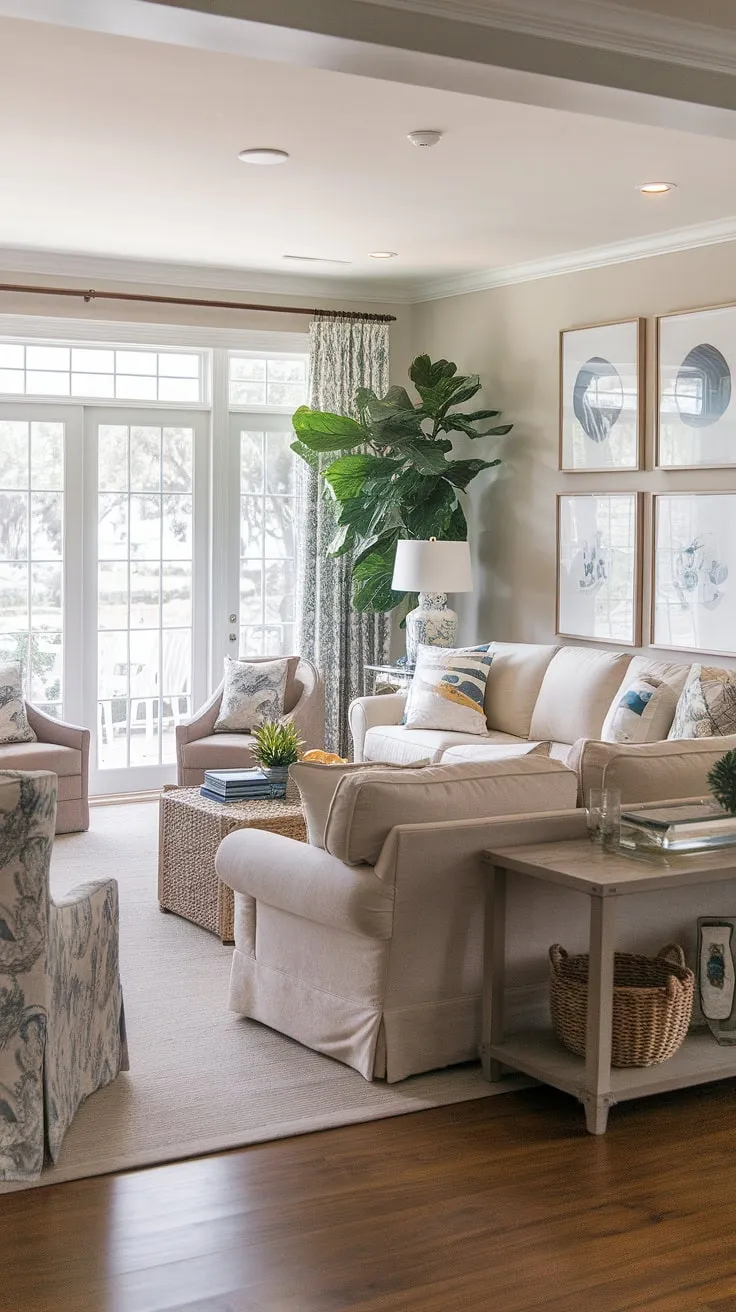 This Charleston-style home boasts a stunning cozy Florida living room, designed with a natural look.  The dual sofas in the living room offer ample seating, while the sitting room with patio doors provides a seamless transition to the outdoors.  A true example of coastal traditional living room design.