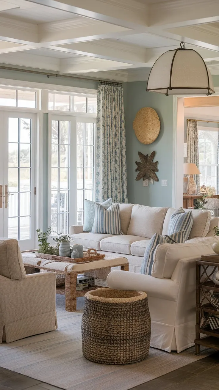 Relax and unwind in this coastal traditional living room, a perfect blend of Charleston style interiors and cozy Florida living. The natural look living room, complete with dual sofas in the living room and a sitting room with patio doors, invites you to soak in the sun-drenched coastal charm.