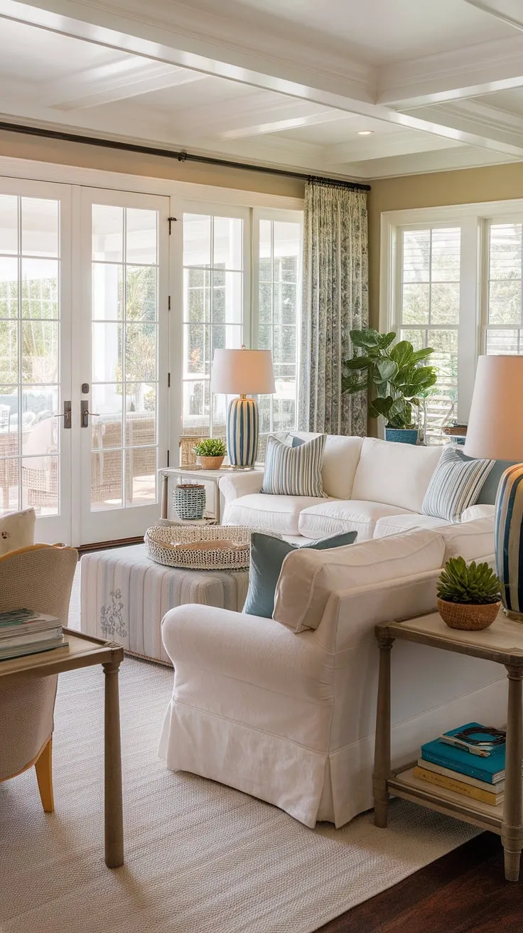 Escape to this serene coastal traditional living room, a beautiful example of Charleston style interiors.  The cozy Florida living room feel is enhanced by the natural look living room design, dual sofas in the living room, and a sitting room with patio doors leading to inviting outdoor areas.