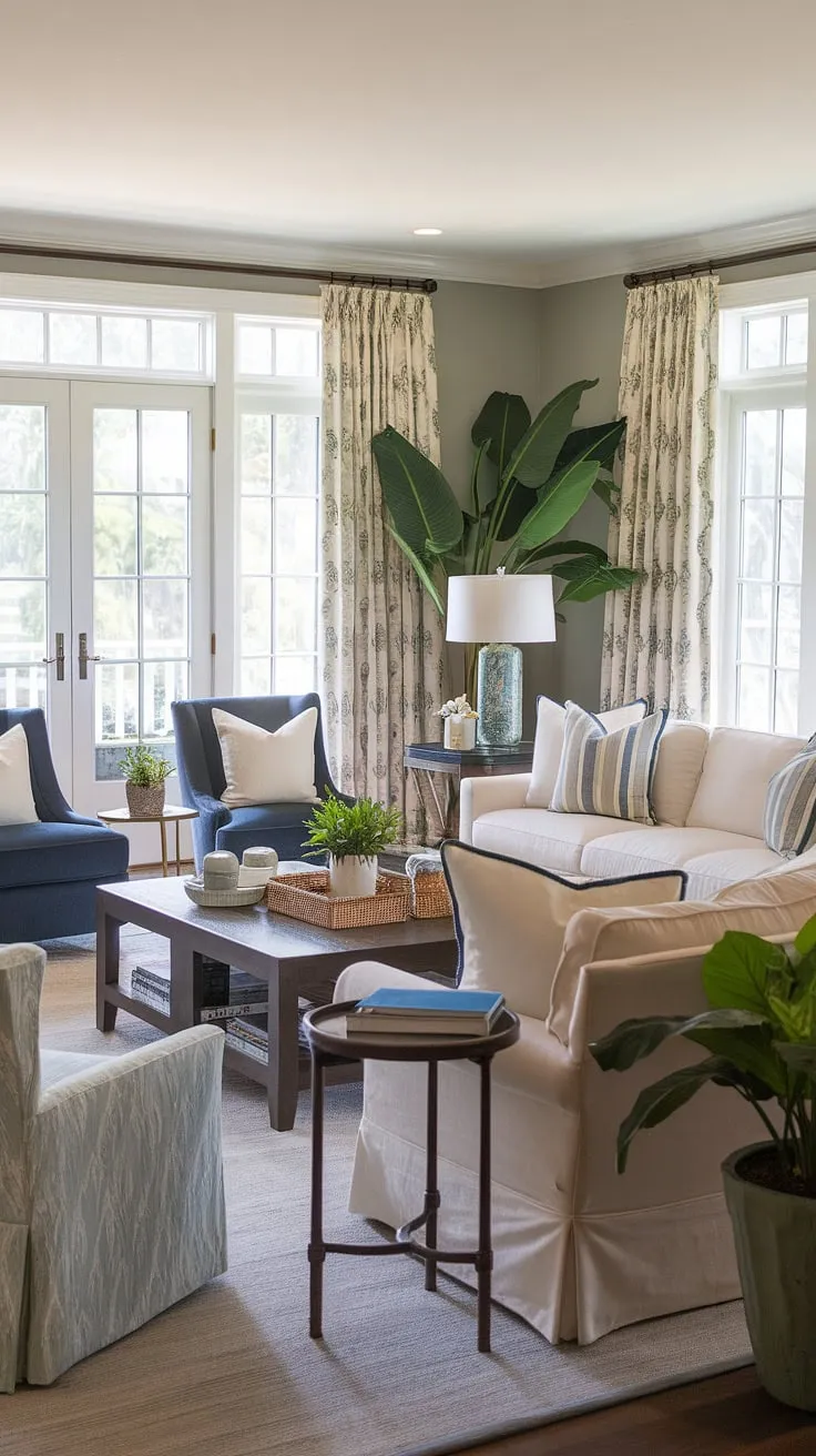 Embrace the effortless charm of this cozy Florida living room, a beautiful blend of Charleston style interiors and coastal traditional design.  Dual sofas create a welcoming space, while patio doors connect the natural look living room to the serene landscape beyond.