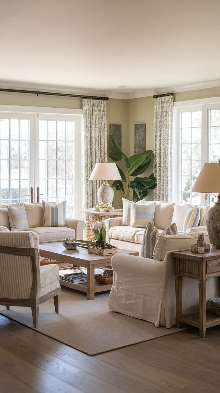Sunlight streams into this coastal traditional living room, showcasing Charleston style interiors with a cozy Florida feel.  The natural look living room, complete with dual sofas and patio doors opening to the outdoors, offers the perfect blend of relaxed elegance.