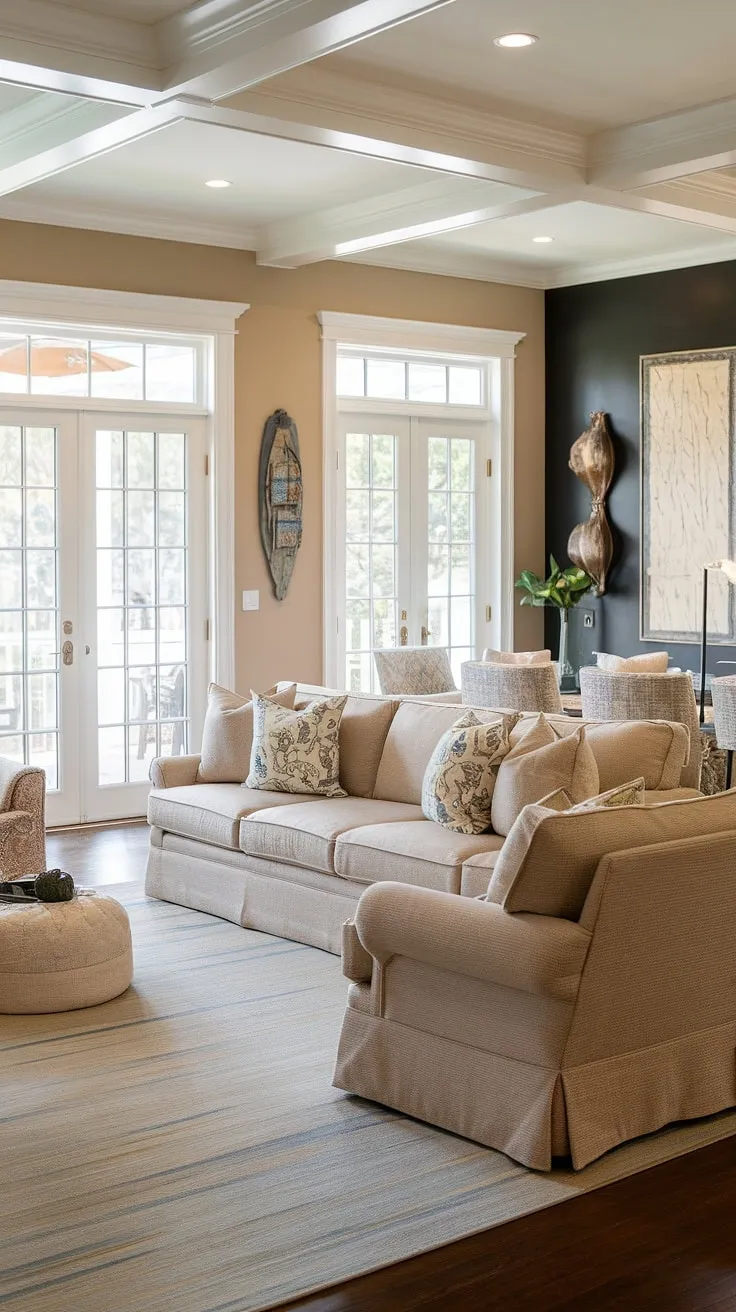 Embrace the easy elegance of coastal living in this charming sitting room.  Dual sofas create a welcoming space within the natural look living room, while Charleston style interiors and patio doors seamlessly blend indoor comfort with the Florida sunshine. This cozy Florida living room is the epitome of relaxed coastal traditional style.