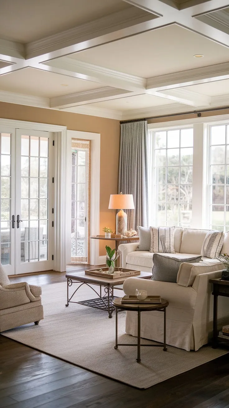 Embrace the breezy charm of this cozy Florida living room, a perfect blend of Charleston style interiors and coastal traditional design.  Dual sofas create a welcoming space, while patio doors connect the natural look living room seamlessly to the outdoor landscape.