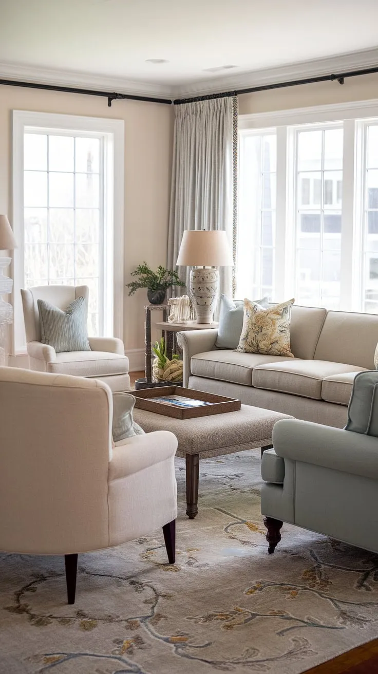 Embrace the relaxed elegance of this cozy Florida living room, a beautiful blend of Charleston style interiors and coastal traditional design.  Dual sofas face a sitting room with patio doors, offering stunning views and a seamless transition to outdoor living, all within a naturally beautiful setting.