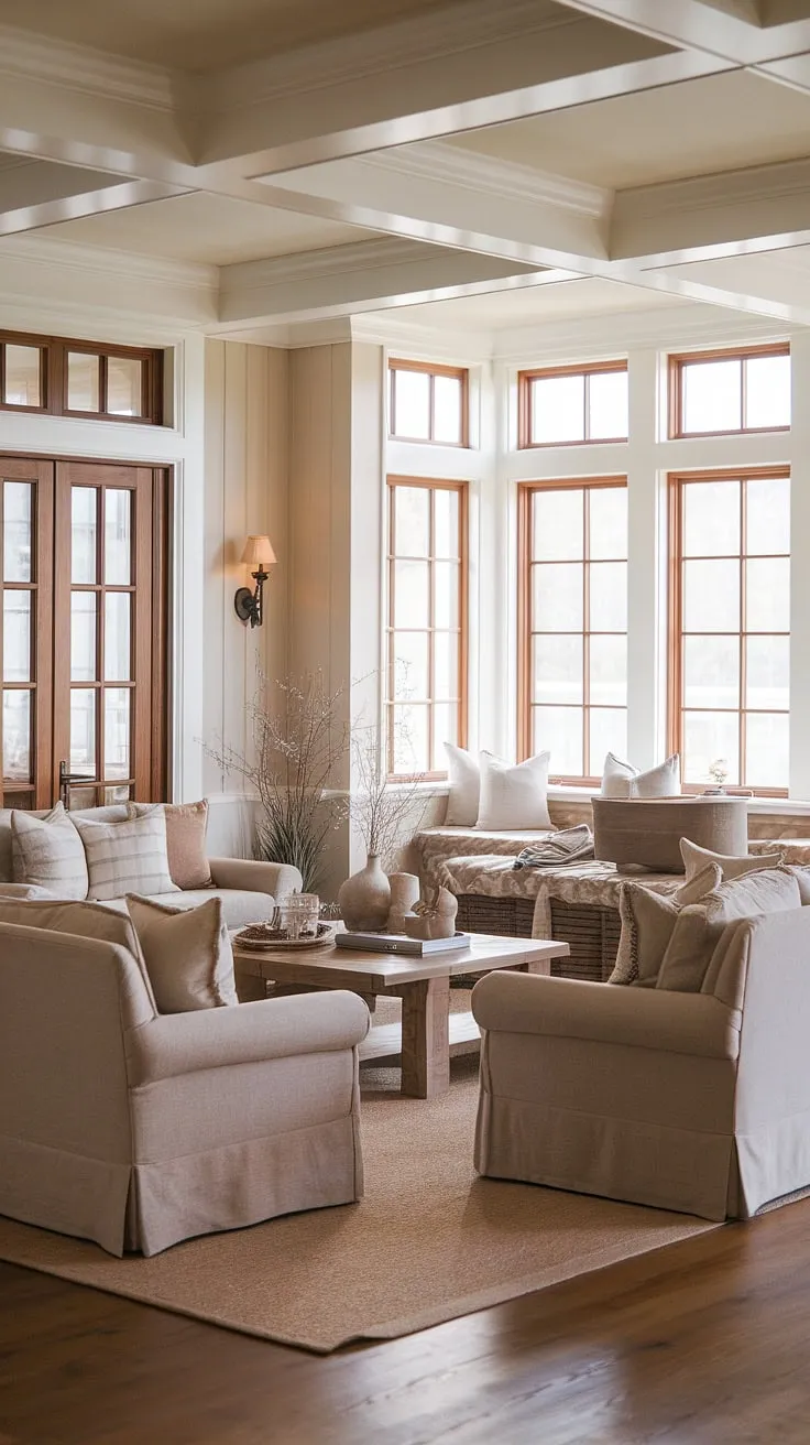 Embrace the effortless charm of this cozy Florida living room, a perfect blend of Charleston style interiors and coastal traditional design.  Dual sofas create a welcoming space, while patio doors connect the natural look living room to the serene landscape beyond.
