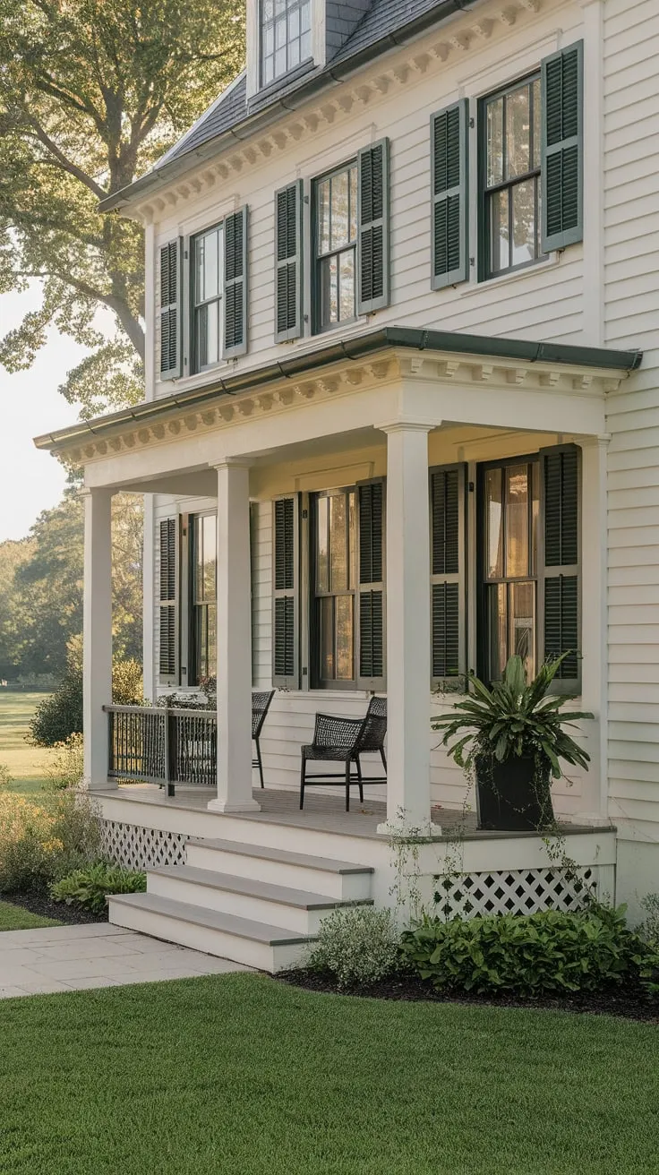 Charming Colonial Front Porch with Lush Surroundings