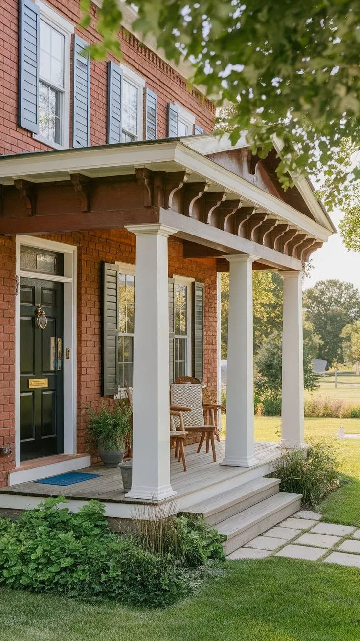 Charming Colonial Front Porch with Lush Surroundings