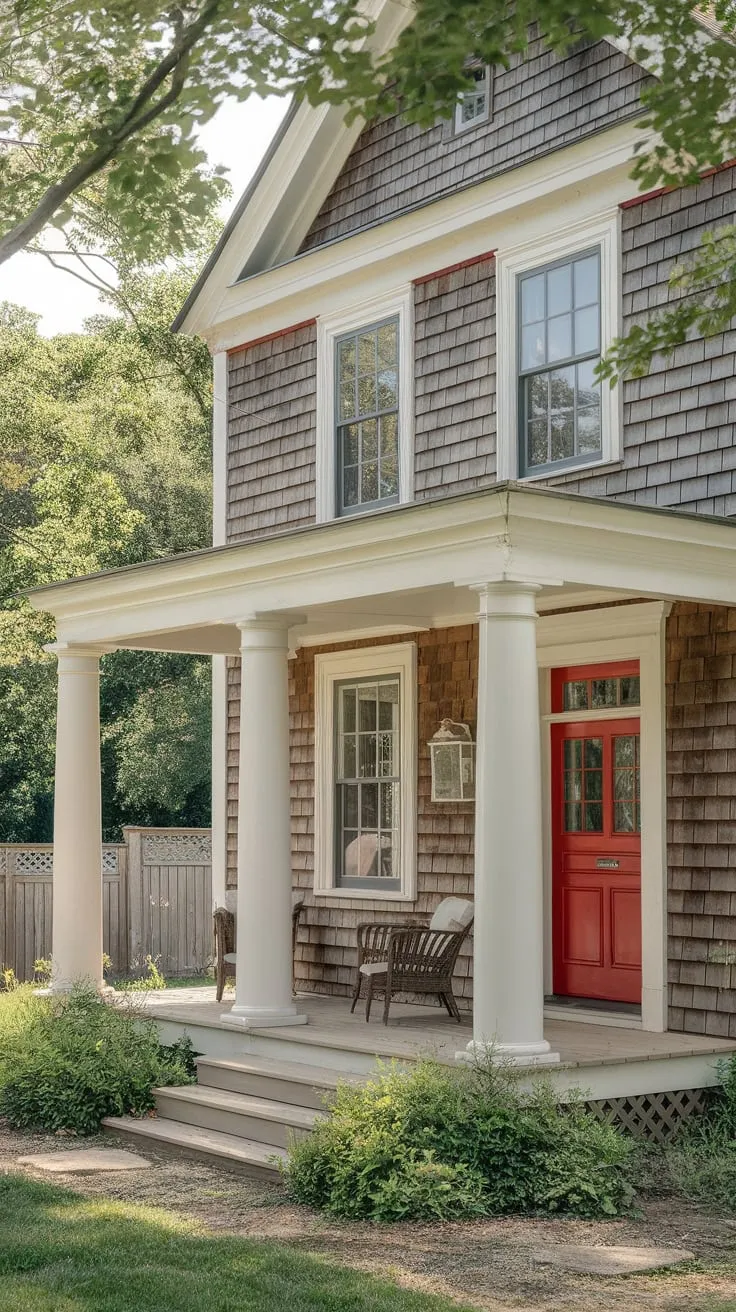 Charming Colonial Porch with Red Door and Greenery