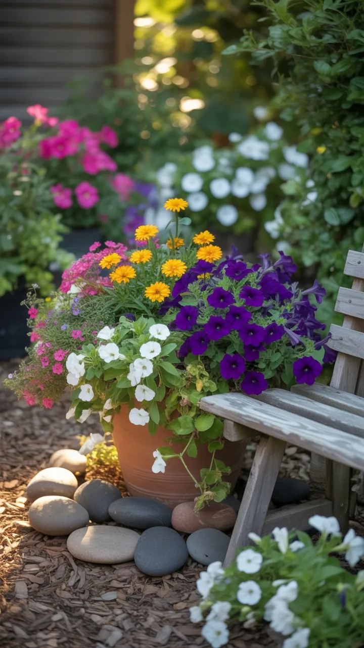 Sunlit Terracotta Overflow of Petunias, Marigolds and Impatiens