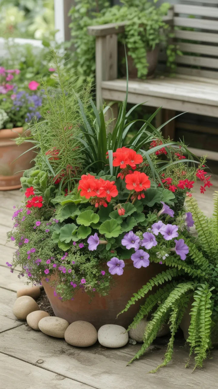Sunlit Patio Symphony of Geraniums, Petunias, and Lush Greenery