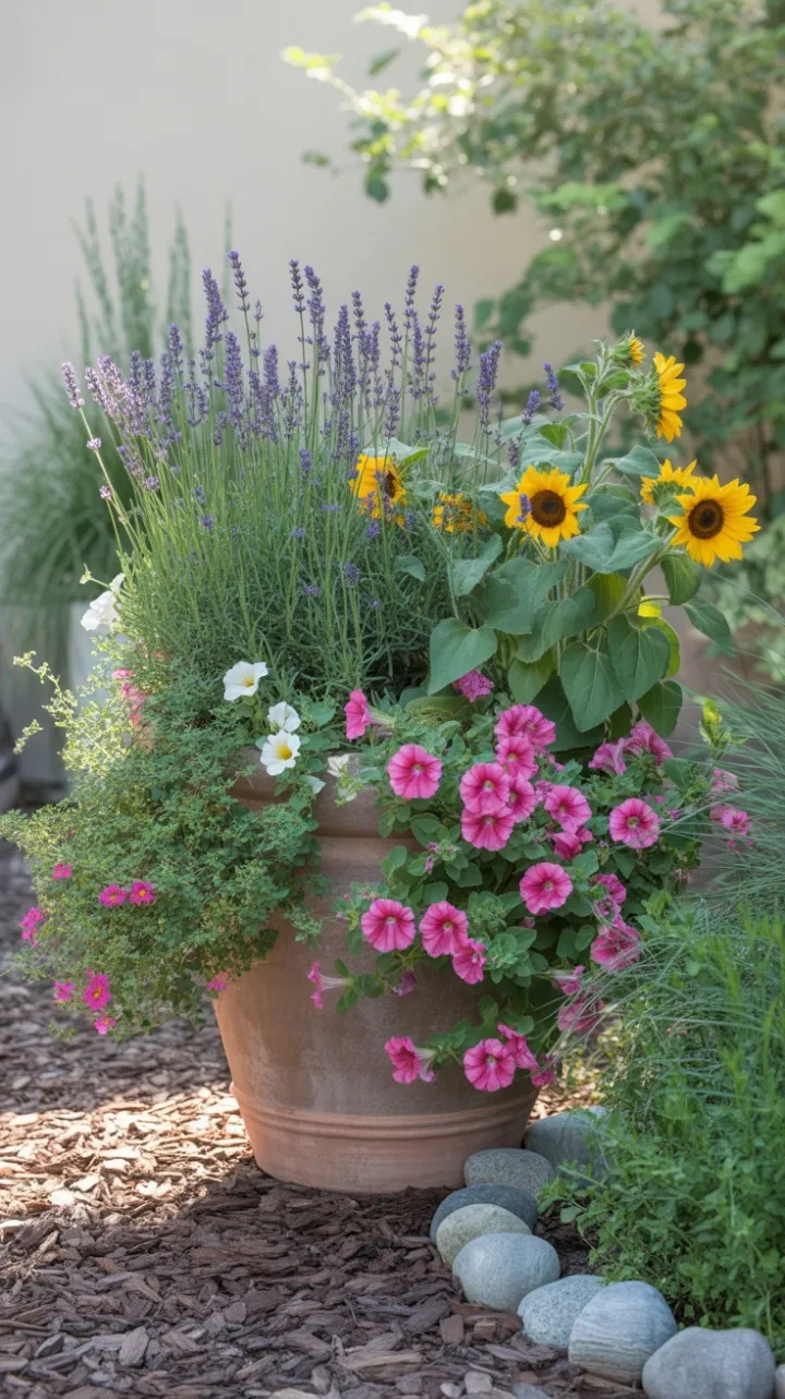 Sunlit Terracotta Oasis of Lavender, Sunflowers and Cascading Petunias