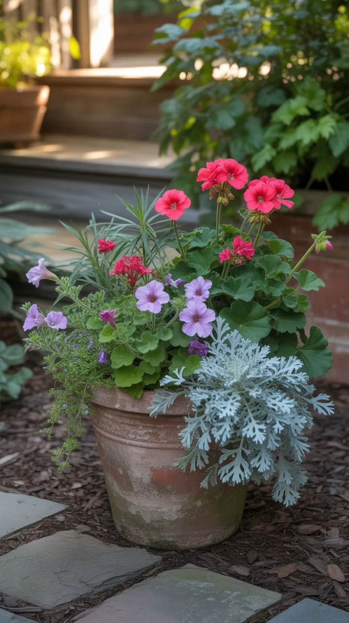 Sunlit Terracotta Oasis Brimming with Geraniums and Petunias