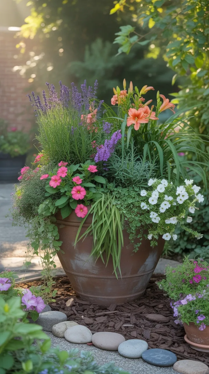 Sunlit Terracotta Symphony of Lavender Salvia and Petunias