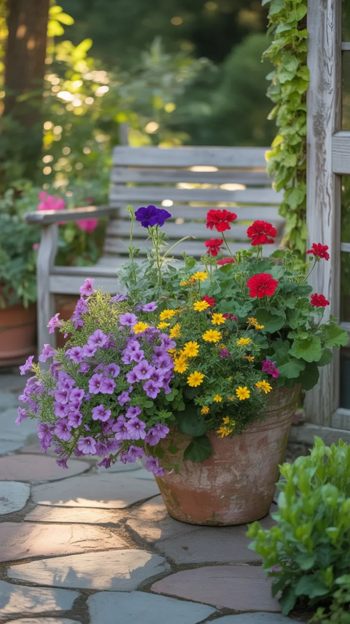 Sunlit Symphony of Blooms on a Stone Patio