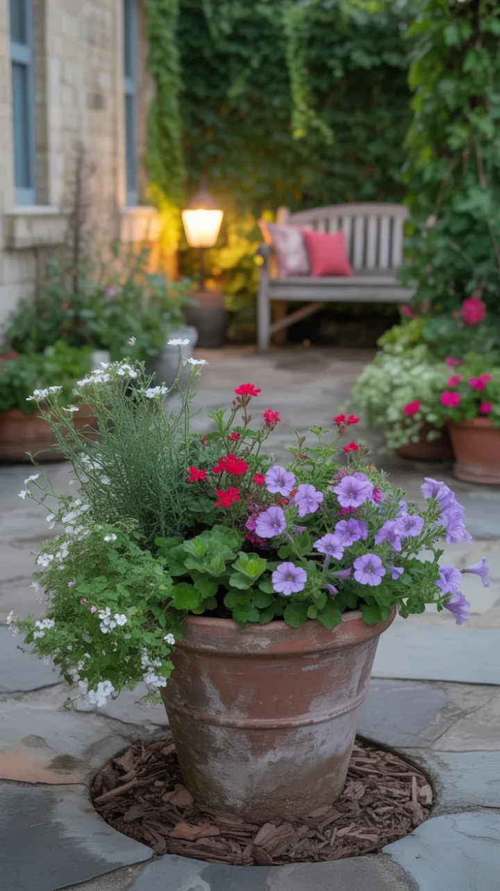 Sunlit Terracotta Garden Bursting with Blooms