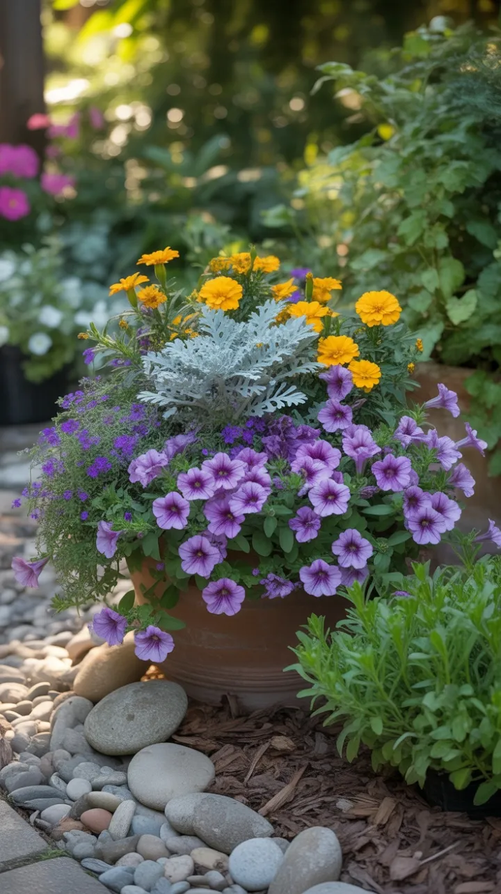 Terracotta Cascade of Purple Petunias and Golden Marigolds