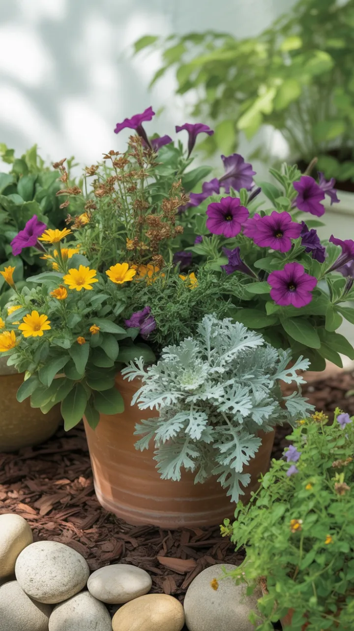 Sunlit Terracotta Garden Overflowing with Petunias, Marigolds and Dusty Miller