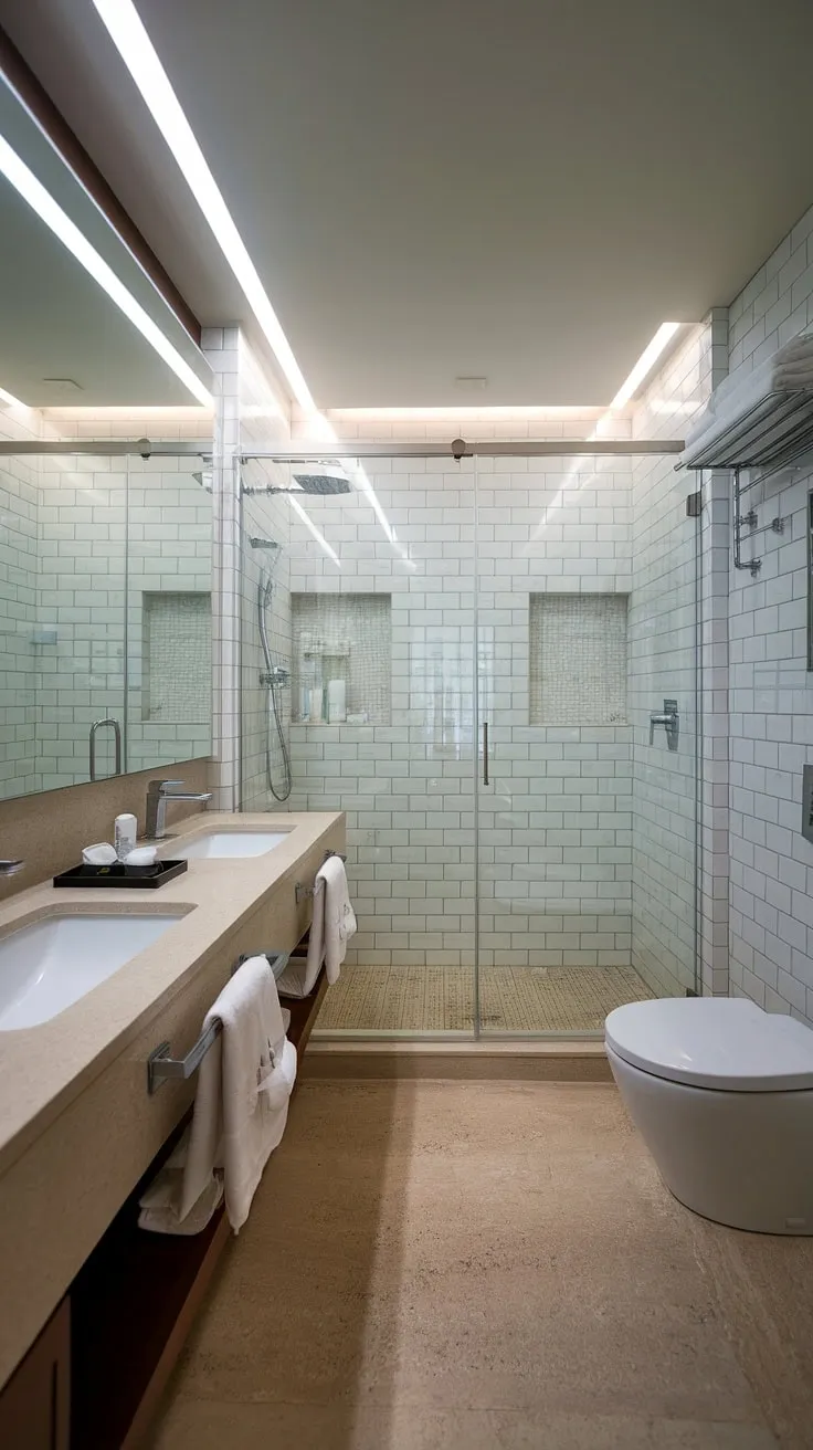 Maximize your morning routine in this stunning luxury primary bathroom.  The modern bathroom design, complete with two sinks and a glass shower enclosure, delivers hotel-style luxury in a surprisingly small contemporary bathroom footprint.