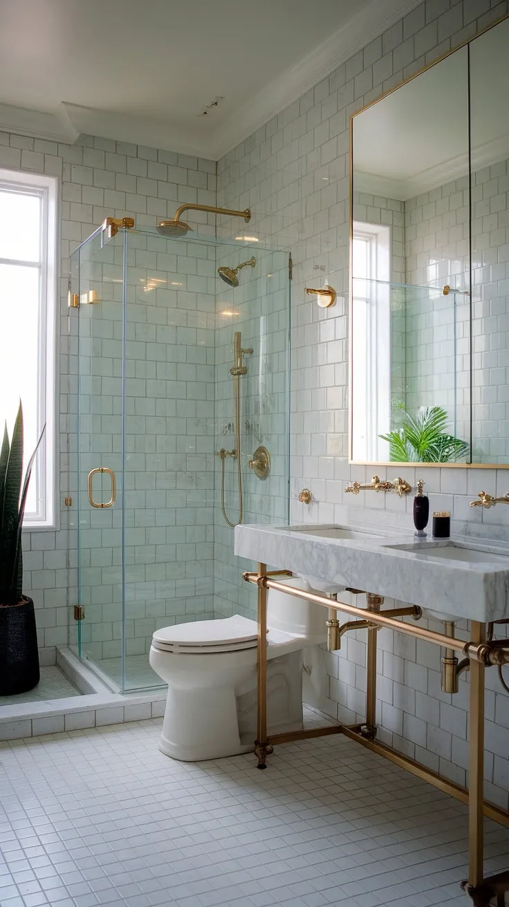 Indulge in the serenity of this small contemporary bathroom, boasting hotel-style luxury.  The modern bathroom design, complete with two sinks, elevates this primary bathroom to a tranquil oasis.
