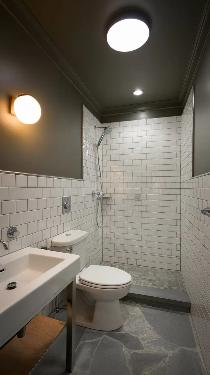 This stunning small contemporary bathroom boasts a luxury primary bathroom feel.  The modern bathroom design, complete with a bathroom with two sinks and hotel-style amenities, creates a sophisticated and efficient space.