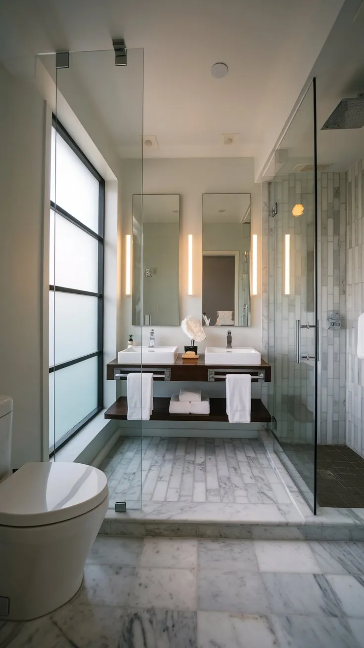 This small contemporary bathroom proves that luxury isn't about size, but design.  The hotel-style bathroom features a clever layout with a bathroom with two sinks, maximizing space and creating a sophisticated modern bathroom design perfect for a luxury primary bathroom.
