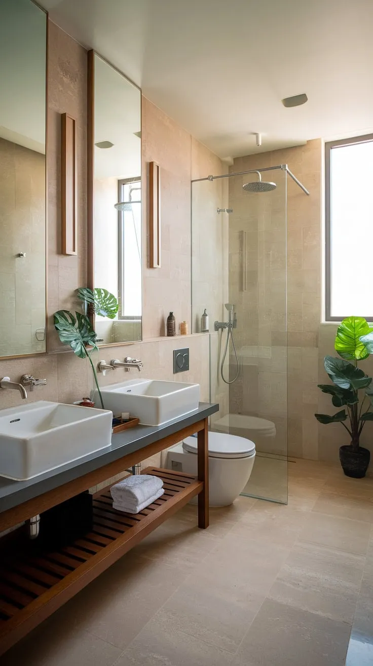 Indulge in the luxury of this small contemporary bathroom, featuring a hotel-style design and the convenience of dual sinks.  Modern bathroom design meets efficient space planning in this primary bathroom oasis.
