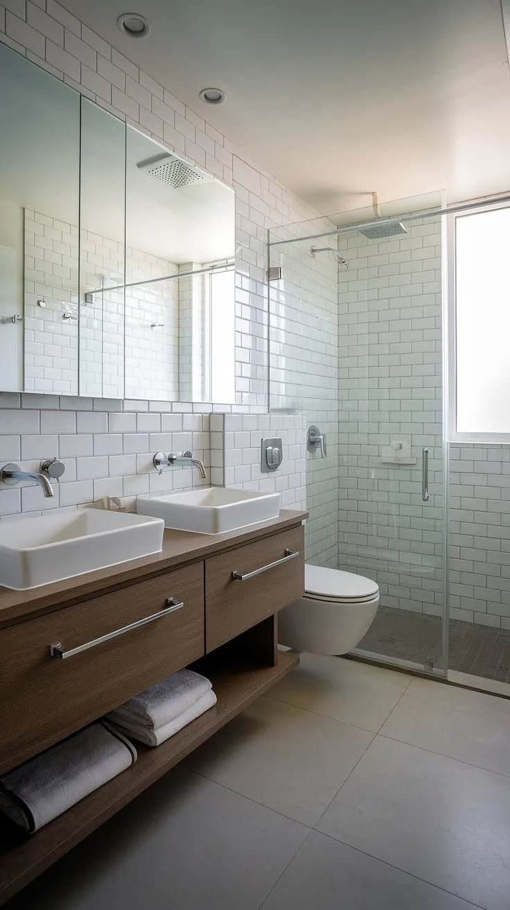 This contemporary bathroom boasts a sophisticated hotel-style aesthetic, proving that even a small space can exude luxury.  The modern bathroom design is complete with the practicality of two sinks, perfect for a primary bathroom.
