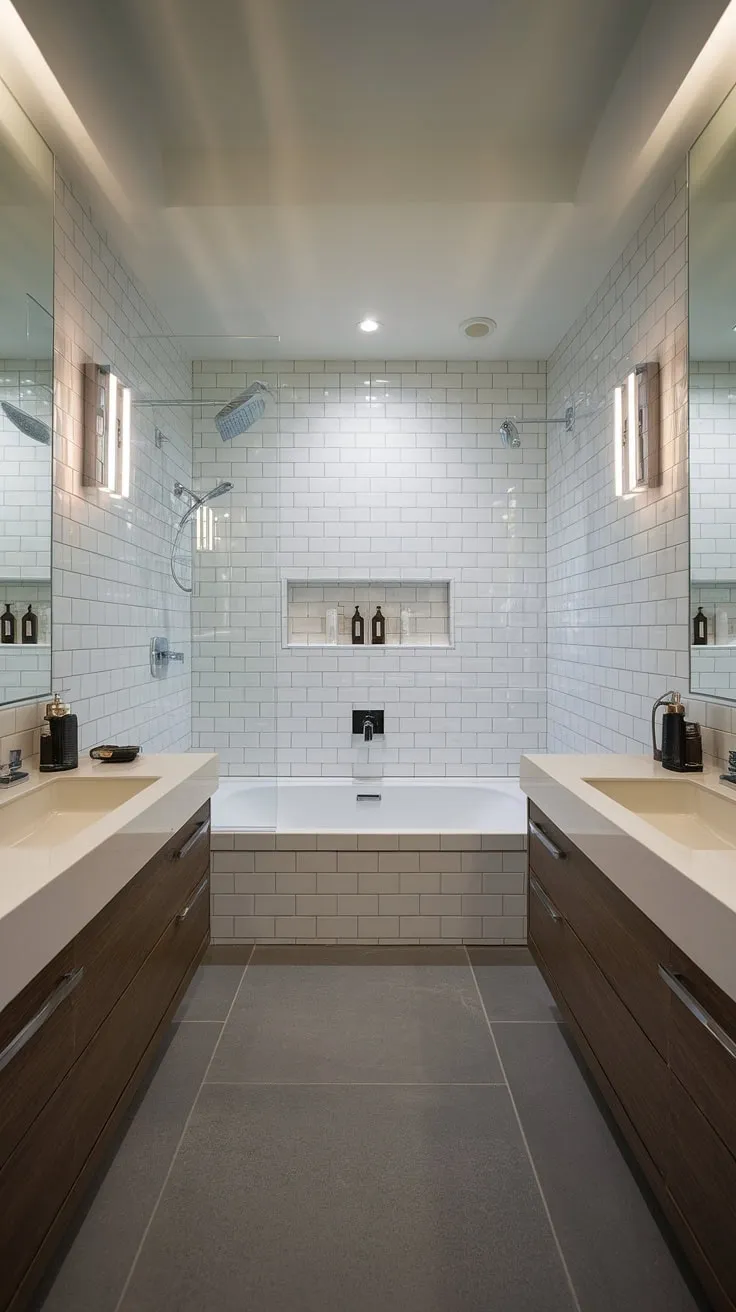 Indulge in the luxury of this small contemporary bathroom, featuring a hotel-style design and the convenience of dual sinks.  Modern bathroom design at its finest.