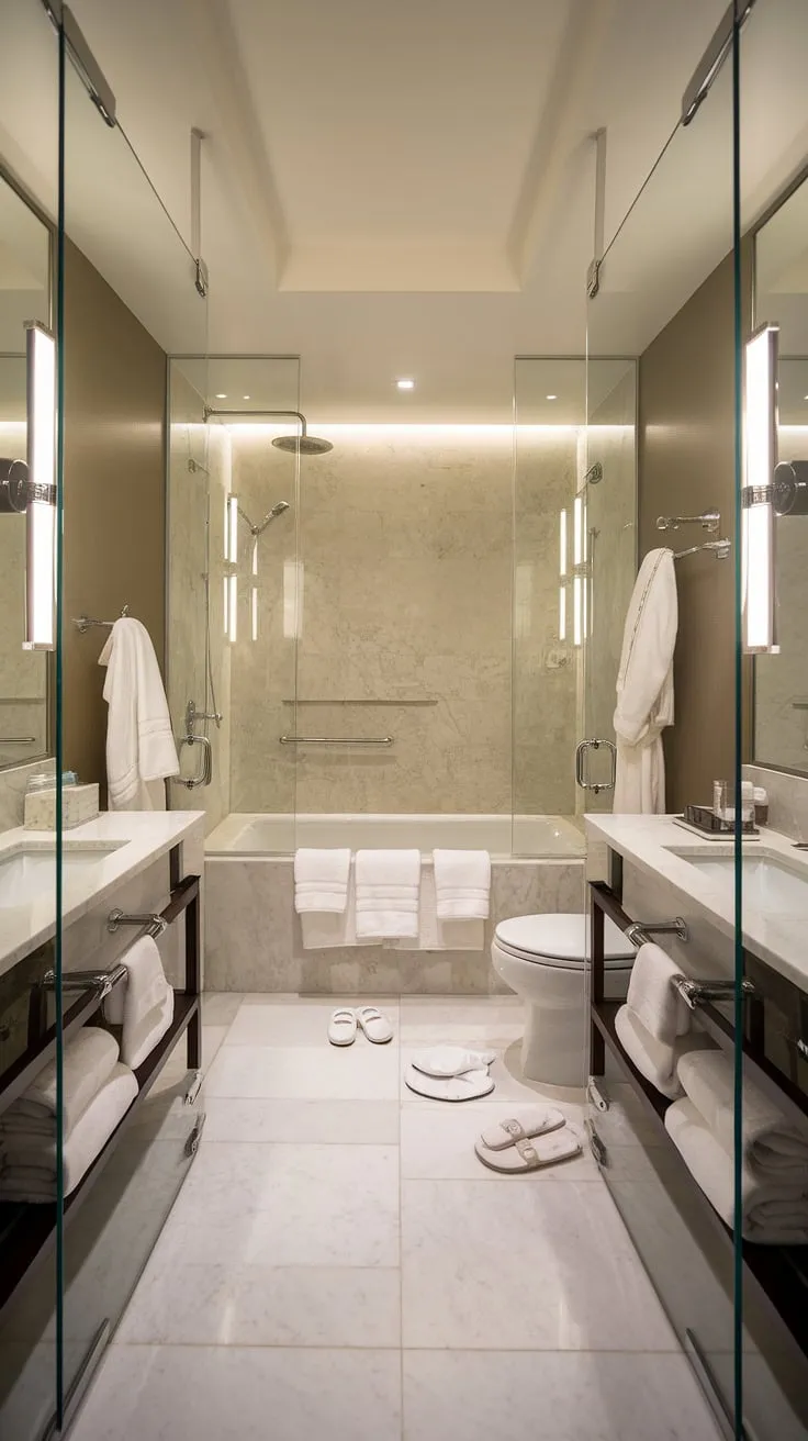 Indulge in the luxury of this small contemporary bathroom, featuring a hotel-style design and the convenience of dual sinks.  Modern bathroom design at its finest.