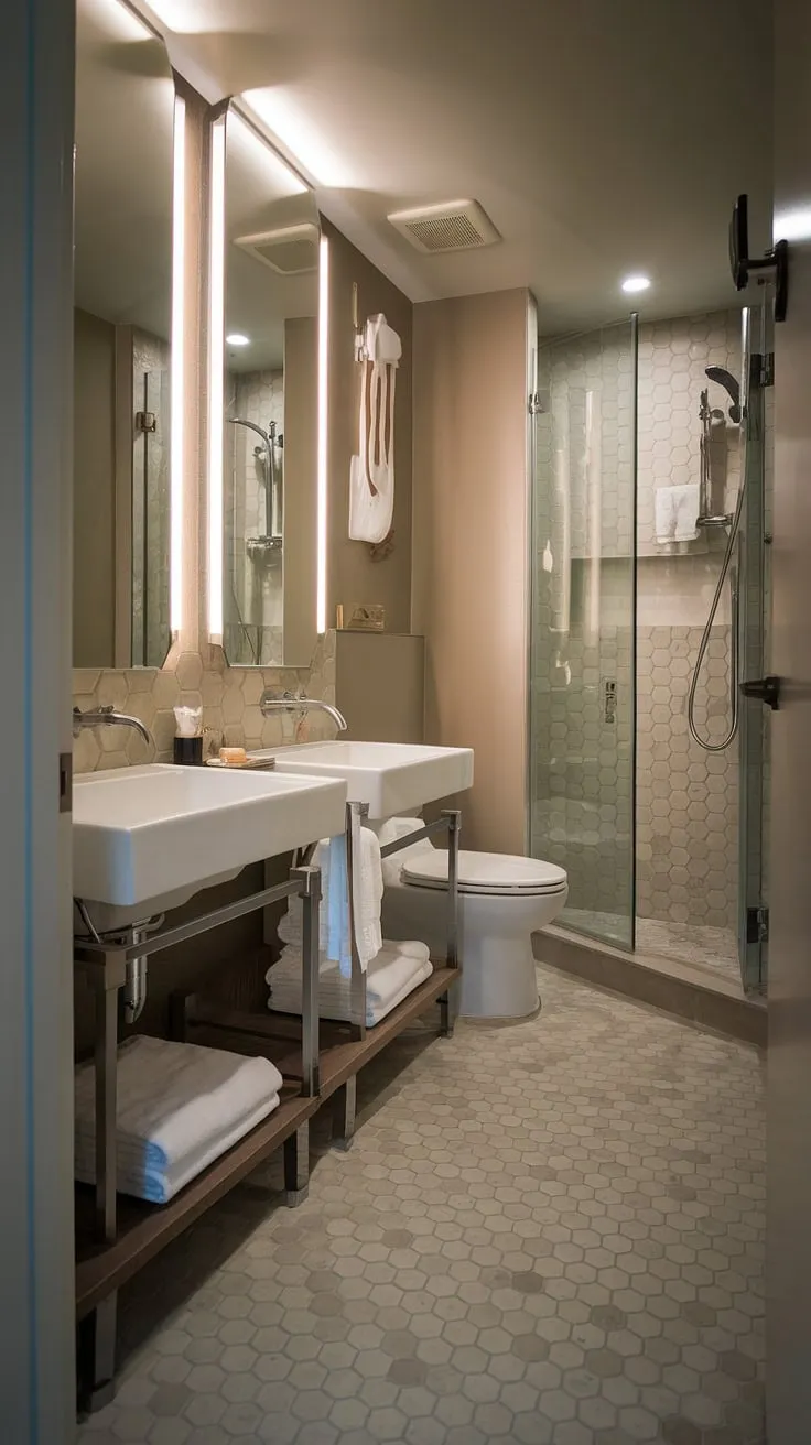 This contemporary bathroom boasts a sophisticated hotel-style aesthetic, proving that even a small space can offer the ultimate luxury primary bathroom experience with its clever use of space and dual sinks.