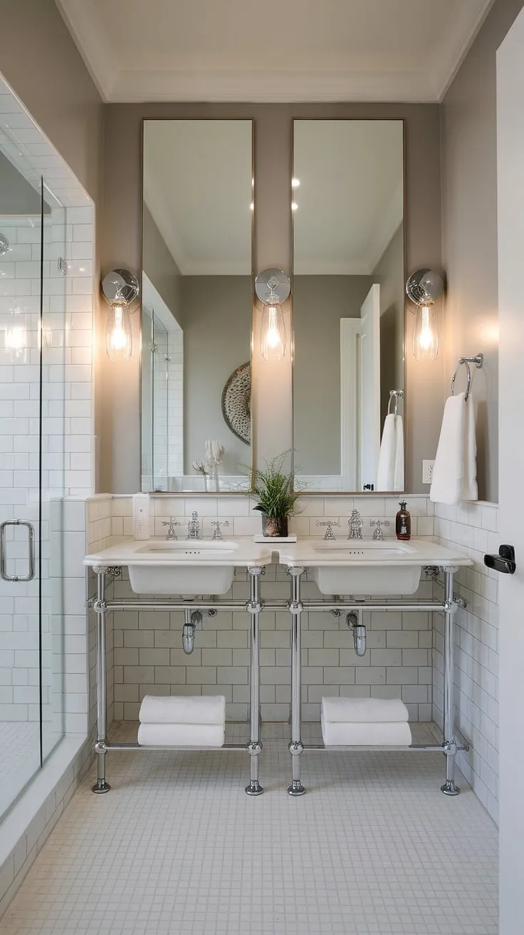 Indulge in the luxury of this small contemporary bathroom, featuring a hotel-style design and the convenience of dual sinks.  Modern bathroom design at its finest.