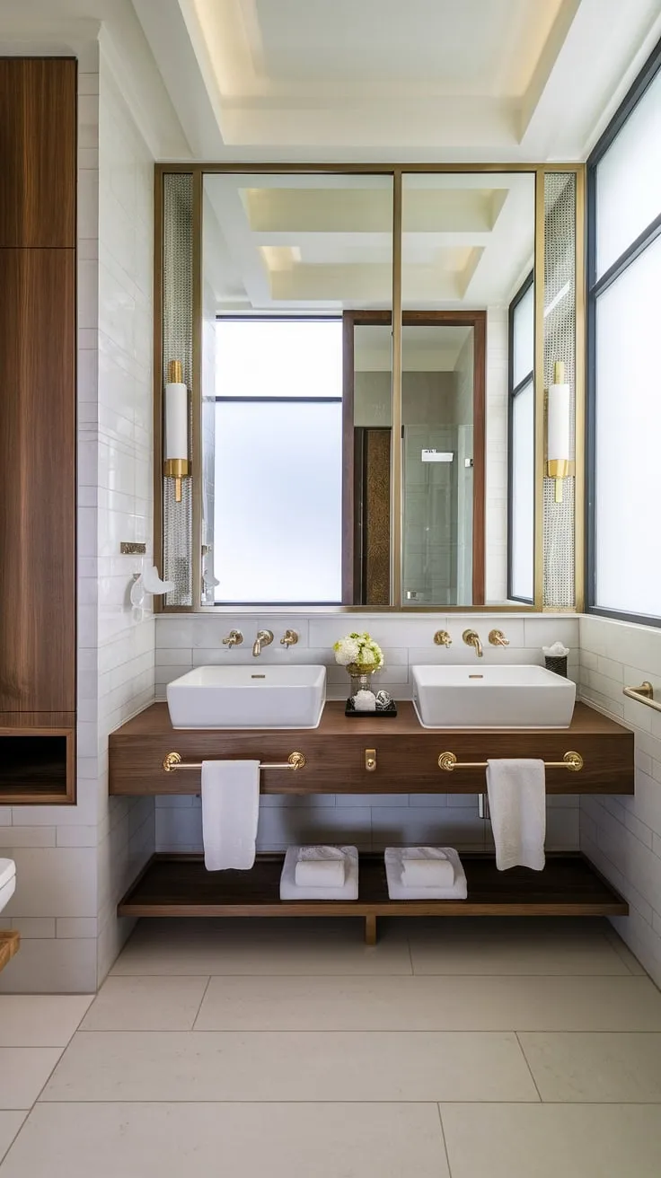 This contemporary bathroom boasts a stunning hotel-style aesthetic, proving that even a small space can offer the ultimate luxury primary bathroom experience with the added benefit of dual sinks.  Modern bathroom design redefined.