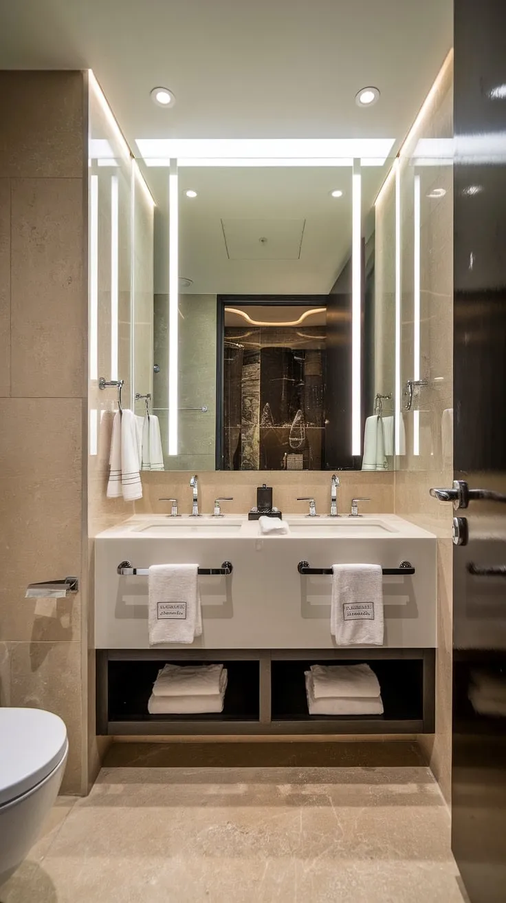 This small contemporary bathroom redefines luxury.  The modern bathroom design, complete with a bathroom with two sinks and hotel-style amenities, creates a primary bathroom oasis despite its compact size.