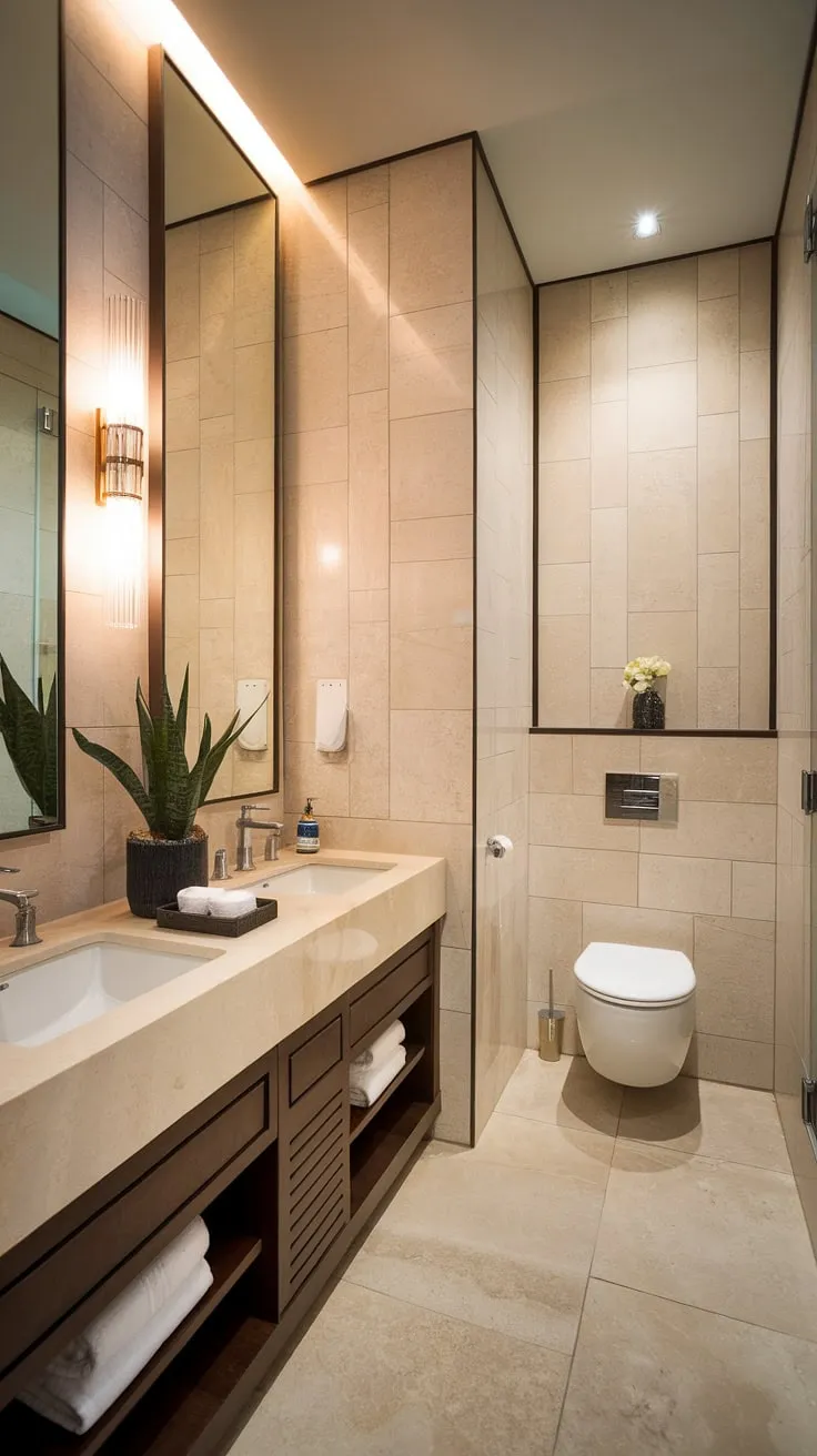 Indulge in the luxury of this small contemporary bathroom, featuring a hotel-style design and the convenience of dual sinks.  Modern bathroom design at its finest.