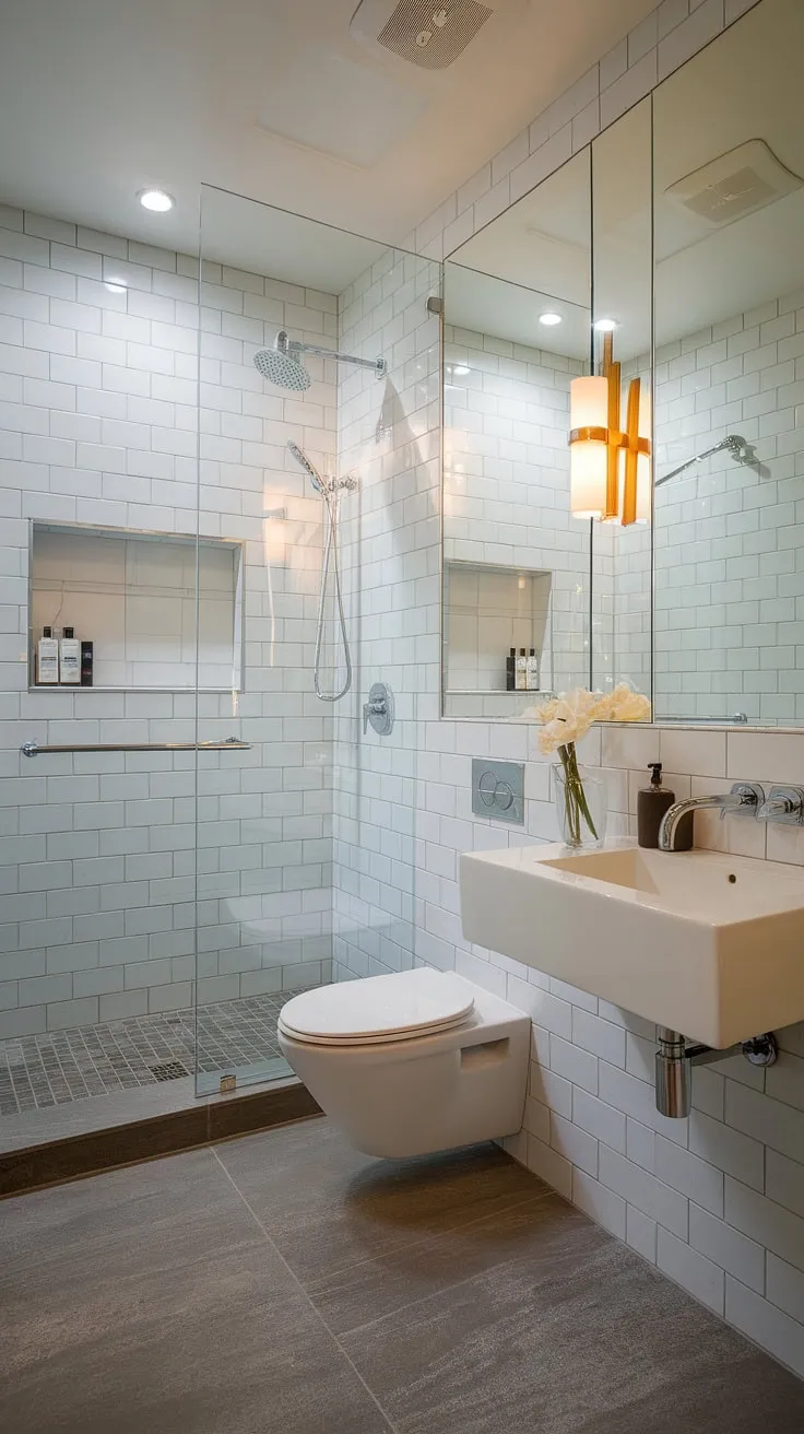 Maximize space and style in this stunning luxury primary bathroom.  The modern bathroom design cleverly incorporates two sinks into a small contemporary bathroom, creating a sophisticated hotel-style bathroom experience.  A testament to the power of contemporary bathroom design.